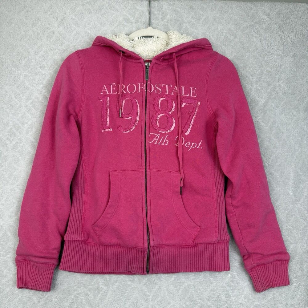 Aeropostale Full Zip Hoodie Small Pink Sherpa Faux Fur Lined Mallcore Preppy Y2K